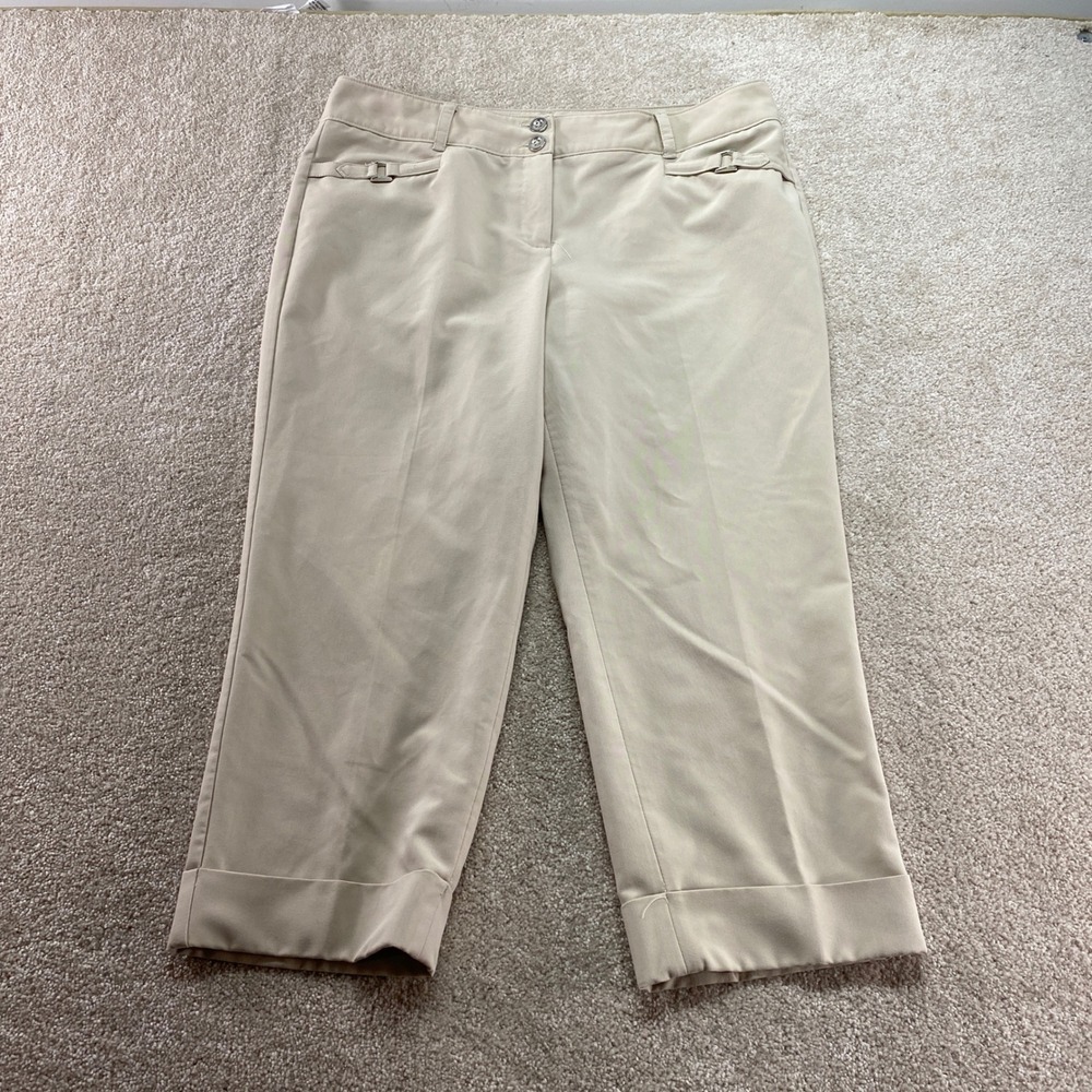 Roz & Ali Cropped Capri Pants Womens 10 Tan Beige Cuffed Stretch‎ Buckle Detail